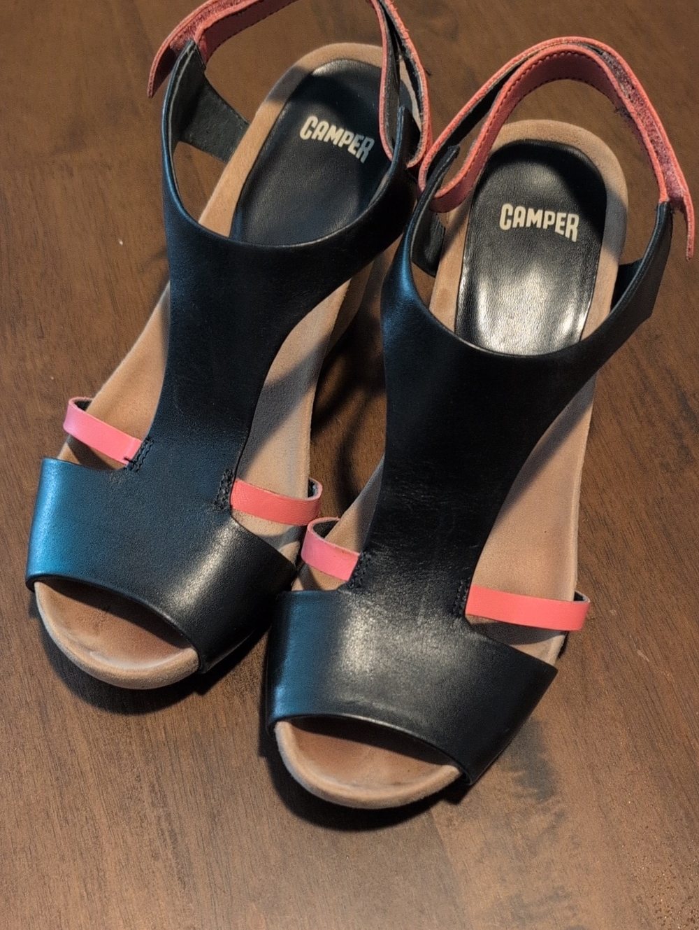 Camper Black Leather T-Strap Heels with Pink Accents